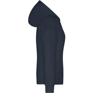 A navy blue ladies lounge hoodie featuring a hood and ribbed cuffs. It has a logo on the front.