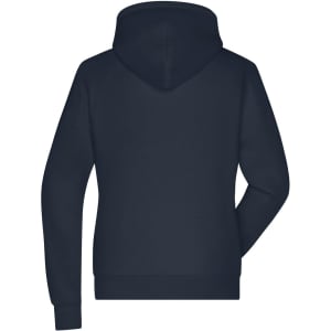 A navy blue ladies lounge hoodie featuring a hood and long sleeves, with a logo on the back.