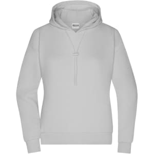 A light grey ladies' hoodie with a front pocket and adjustable drawstring hood. It has a logo on the chest.
