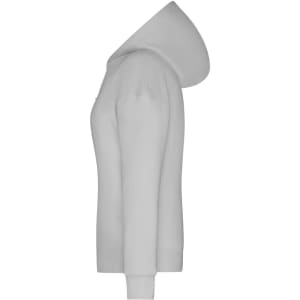 A white hoodie with a hood and long sleeves, featuring a simple design and a logo.