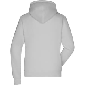 A grey ladies' lounge hoodie with a hood and long sleeves, featuring a logo on the back.