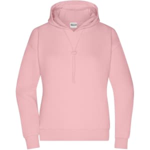 A pink ladies hoodie featuring a drawstring hood, long sleeves, and a kangaroo pocket. It has a logo on the front.