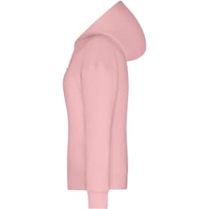 A pink ladies lounge hoodie with a hood, featuring a side view. It has a fitted design and ribbed cuffs.