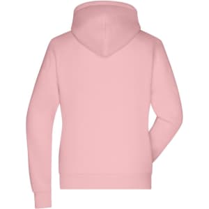 A pink hoodie with a back view, featuring a hood and long sleeves. The design includes a branding logo.
