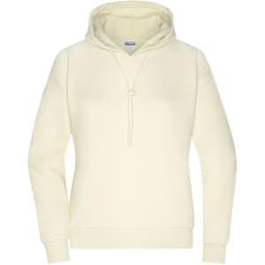 A cream-coloured hoodie with a drawstring hood and a simple design. It has a logo on the front.
