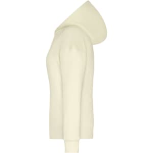 A cream-coloured ladies lounge hoodie featuring long sleeves and a hood. It has a logo displayed on the side.