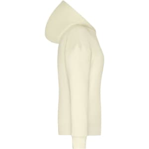 A cream-coloured ladies' hoodie with a large hood and long sleeves, featuring a logo.