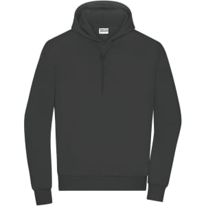 A dark grey men's lounge hoodie featuring a front pocket and a drawstring hood. It has branding on the label.