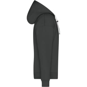 A dark grey men's lounge hoodie with a side view showing the hood and sleeve details. It features a logo.