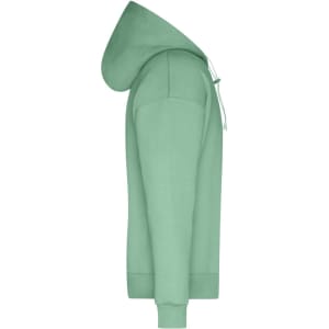A green men's lounge hoodie with a spacious hood, long sleeves, and a snug fit. The garment features branding.