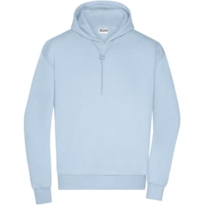 A light blue men's lounge hoodie featuring a kangaroo pocket and a hood. It includes a small logo.