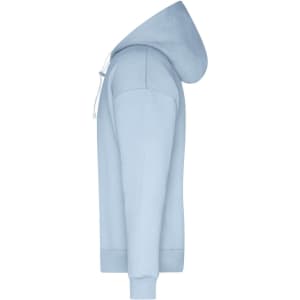 A light blue men's lounge hoodie features a drawstring hood and ribbed cuffs. It has a brand logo on it.
