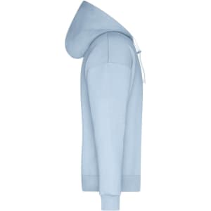 A light blue men's lounge hoodie with a hood and long sleeves, featuring a branding logo.