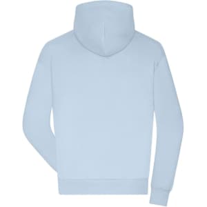 A light blue men's lounge hoodie with a kangaroo pocket and a hood, featuring a logo on the back.