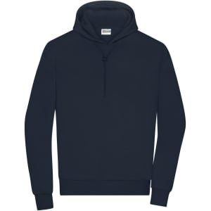 A dark navy men's lounge hoodie featuring a front pocket and a drawstring hood. It has a logo on the fabric.