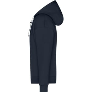 A navy men's lounge hoodie with a hood and fitted cuffs, featuring a branding logo.