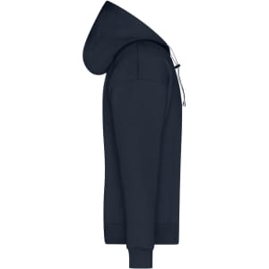 A navy blue men's lounge hoodie with a drawstring hood and ribbed cuffs. It has a logo on one side.
