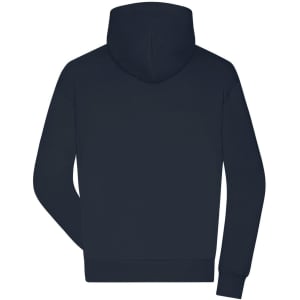 A navy blue men's lounge hoodie featuring a hood and long sleeves, with a logo on the back.