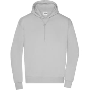 A light grey men's lounge hoodie with a drawstring hood and long sleeves, featuring a logo on the front.