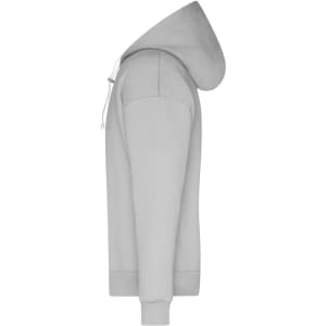 A grey men's lounge hoodie with a drawstring hood and ribbed cuffs, featuring a logo on the front.