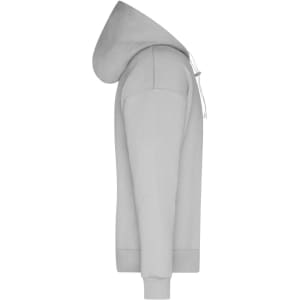 A grey men's lounge hoodie features a hood, long sleeves, and a fitted design. It includes a logo.