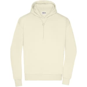 A men's lounge hoodie in a light cream colour with a drawstring hood and a front pocket. Features branding.