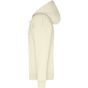 A cream-coloured men's lounge hoodie with a front pocket and drawstring hood, featuring a logo.