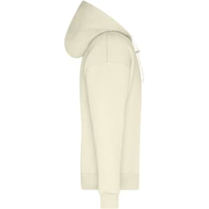 A beige men's lounge hoodie with a drawstring hood and a branding logo on the front.