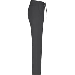A pair of grey ladies' lounge pants with a drawstring waist and side pockets. Features some branding.