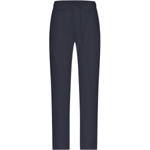 Navy ladies lounge pants with a drawstring waist, featuring a logo on one side.