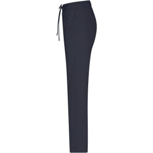Navy ladies lounge pants with a drawstring waist and side pockets, featuring a brand logo.
