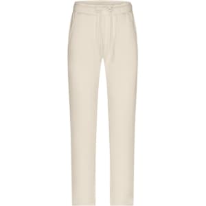 Light beige lounge pants with a drawstring waist and two side pockets, featuring a logo.