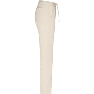 Cream-coloured ladies lounge pants with a drawstring waist and side pockets. Features a branding logo.