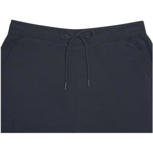 Navy men's lounge pants featuring an elastic waistband with a drawstring. Includes side pockets and branding.