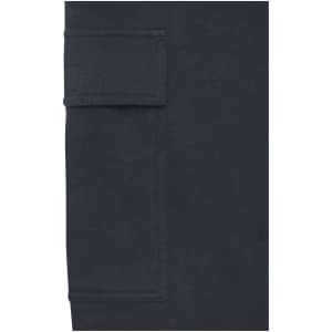 A dark navy hoodie featuring a pocket on the front and a simple design. It has a logo on the fabric.