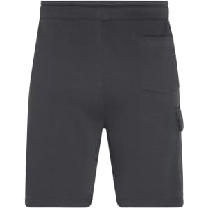 Men's lounge shorts in a dark grey colour with a side pocket and a back pocket. Includes a branding logo.
