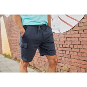 Men's lounge shorts in navy with a drawstring waist and side pockets, featuring a casual style suitable for lounging.