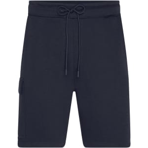 Mens lounge shorts in navy, featuring an elastic waistband, drawstring, and side pocket. Includes a logo.