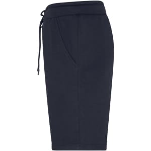 Navy men's lounge shorts with a drawstring waist and side pockets, featuring a logo.