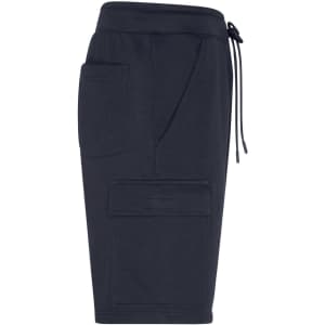 Navy men's lounge shorts featuring a drawstring waist and multiple pockets. Includes a logo.