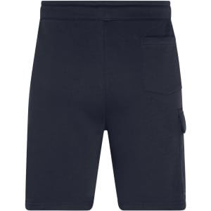 Men's lounge shorts in navy blue with a back pocket and side cargo pocket. Features a minimalist design and branding.