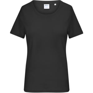 A black ladies' T-shirt featuring a 1:1 rib design and a round neckline. It includes a label inside.