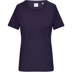A navy ladies T-shirt with a ribbed crew neckline and short sleeves, featuring a branding label inside.