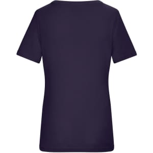 A purple women's T-shirt with short sleeves and a plain back. Features a logo at the back.