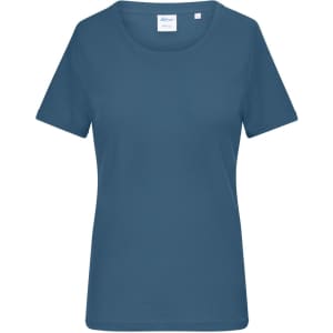 A ladies' t-shirt in a teal blue colour with a round neckline and short sleeves. It features a brand logo.