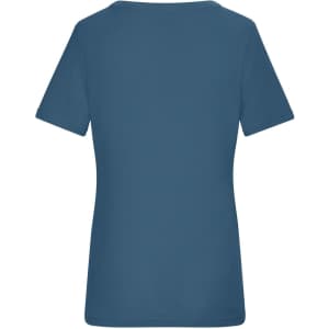 A blue ladies T-shirt featuring short sleeves and a fitted design, with a logo on the back.