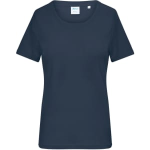 A navy blue ladies' T-shirt with short sleeves and a round neckline, featuring a brand logo.