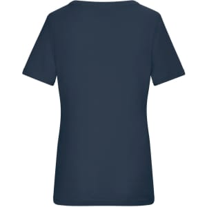 A navy blue ladies T-shirt with short sleeves and a simple design. It includes a logo on the back.