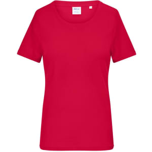 A red ladies T-shirt with short sleeves and a round neckline, featuring a simple design and a logo.