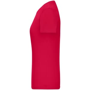 A red ladies T-shirt featuring a 1:1 rib design, shown from the side. It has a simple style and a logo.